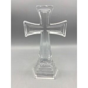 FTD Clear Glass Cross Figurine Religious Home Decor Hexagonal Base 8 Inch